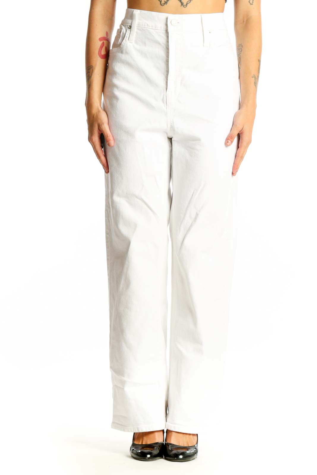 White Cotton High-Waisted Straight-Leg Jeans Front