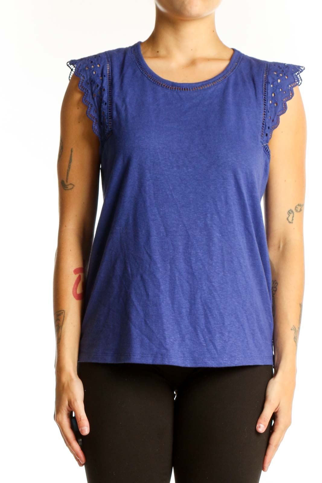 Blue Lace-Trimmed Sleeveless Top Front