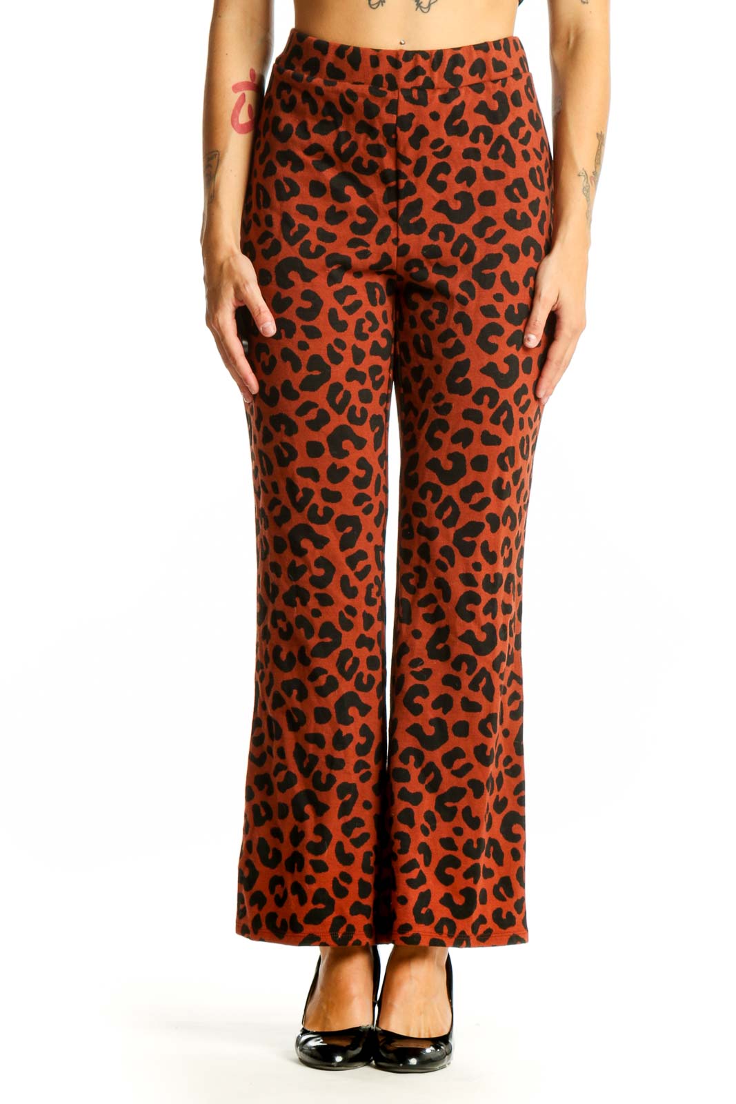 Rust Leopard Print Wide-Leg Pants Front