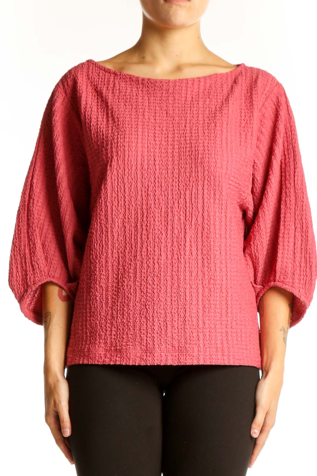 Pink Textured Balloon Sleeve Top Front