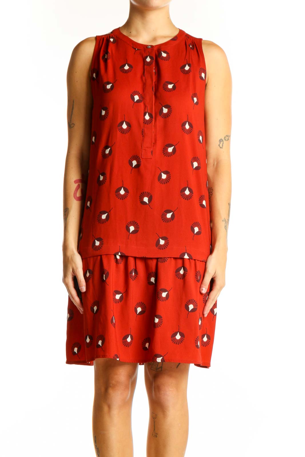 Red Floral Print Sleeveless Dress Front