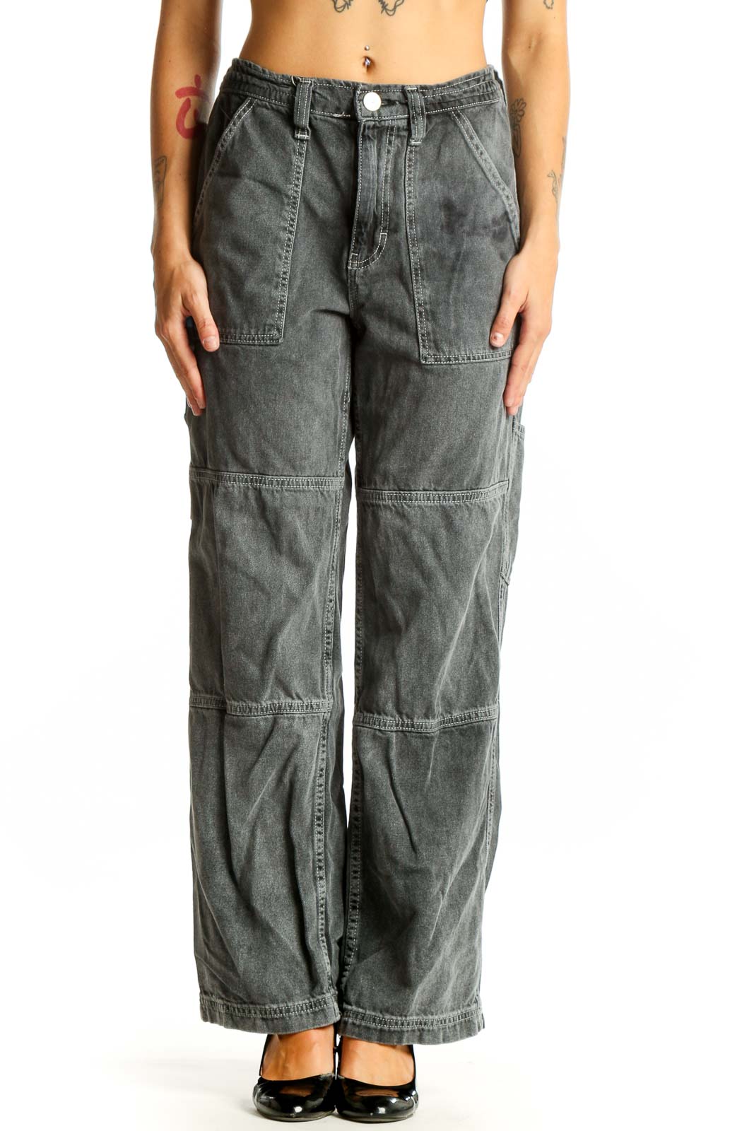 Gray Washed Cotton Cargo Jeans Front