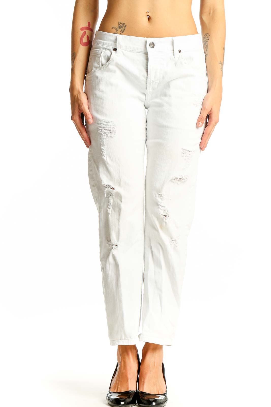White Distressed Cotton Denim Jeans Front