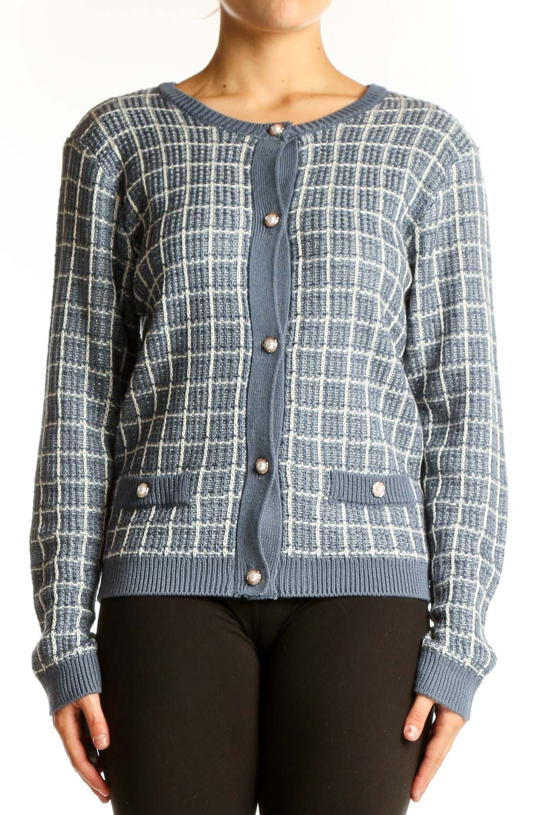 Blue Plaid Acrylic Knit Cardigan Front
