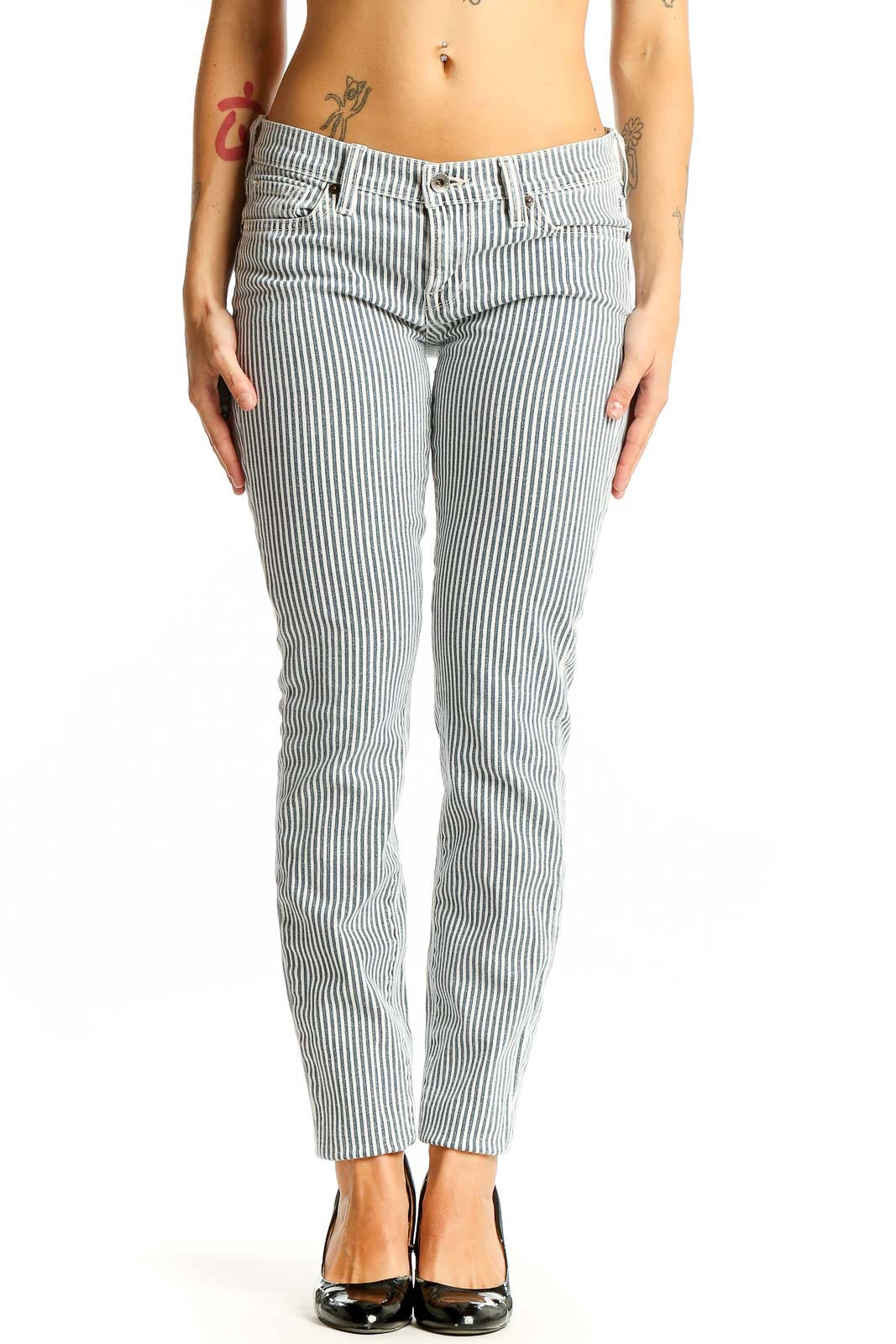 Blue Striped Cotton Slim Fit Pants Front