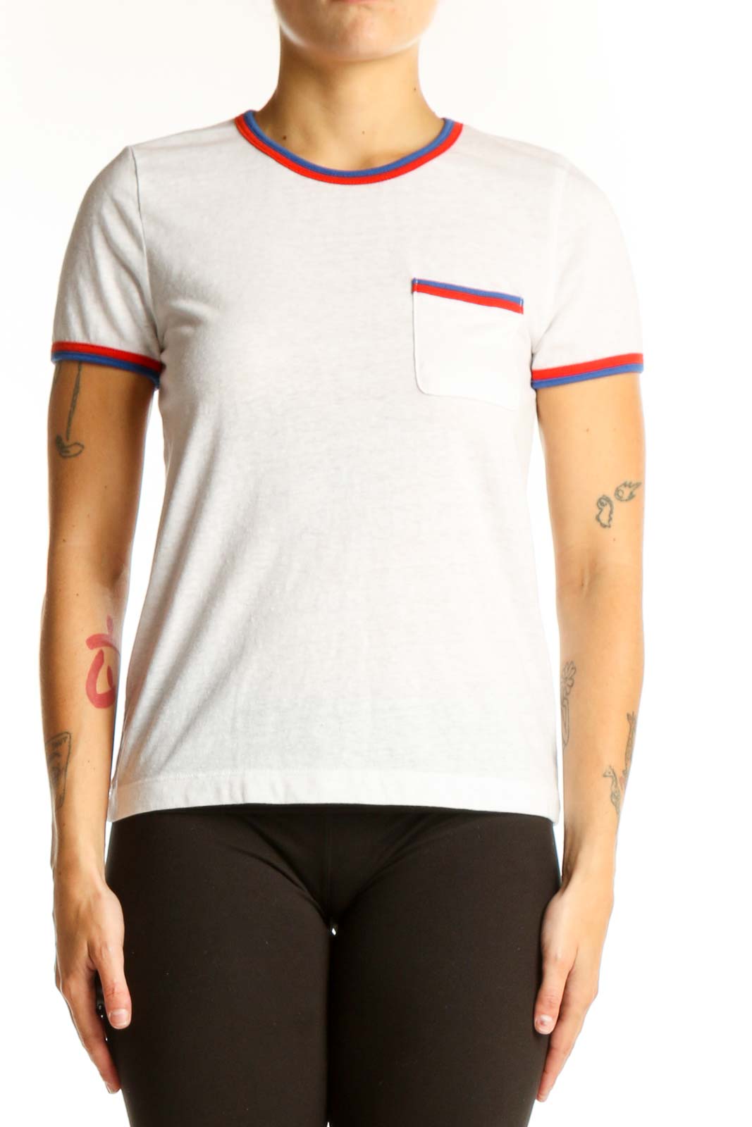 White Cotton Ringer T-Shirt with Pocket Front