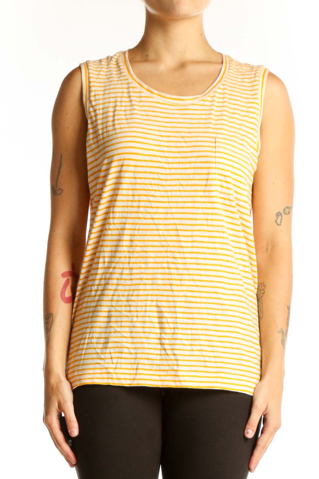 Yellow Striped Cotton Sleeveless Top Front