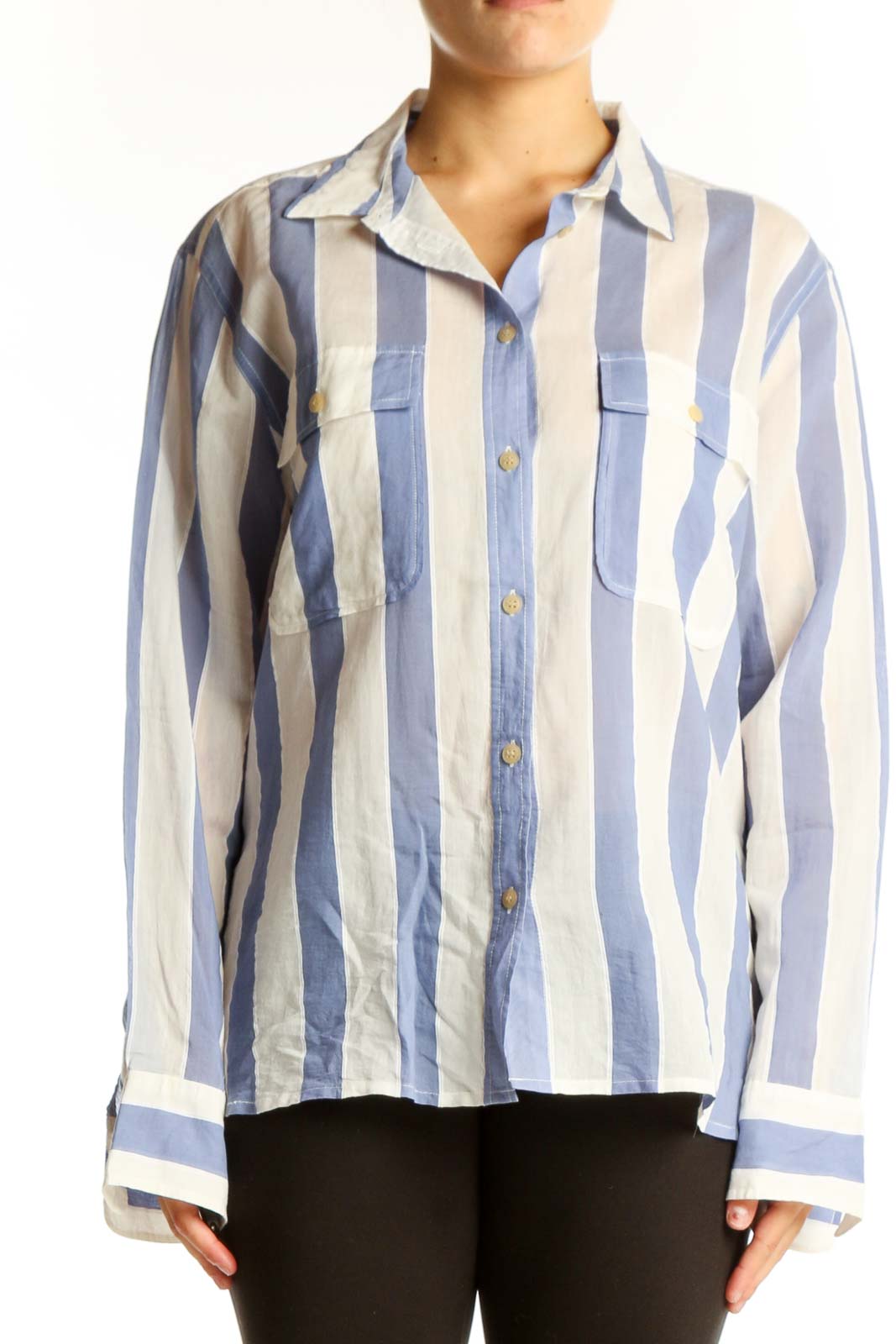 Blue and White Striped Cotton-Silk Blend Shirt Front