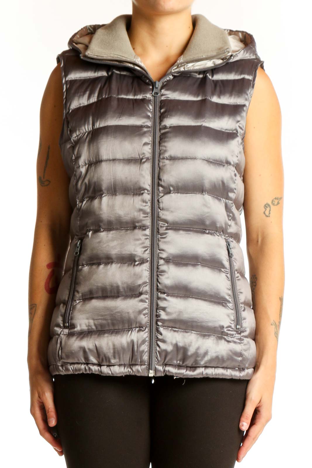 Silver Quilted Puffer Vest Front