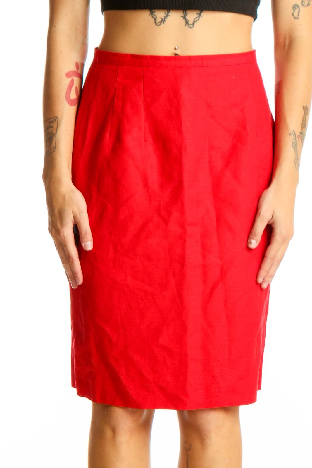 Red Linen-Blend Pencil Skirt Front