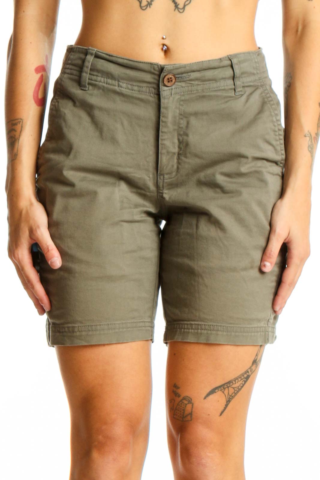 Olive Green Casual Chino Shorts Front