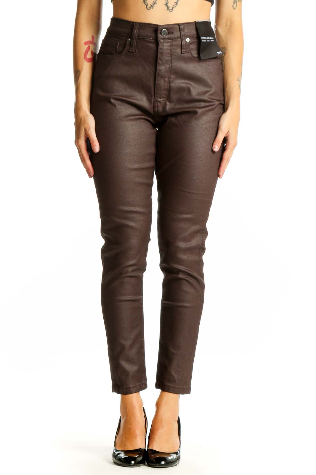 Brown Coated Skinny Jeans Front