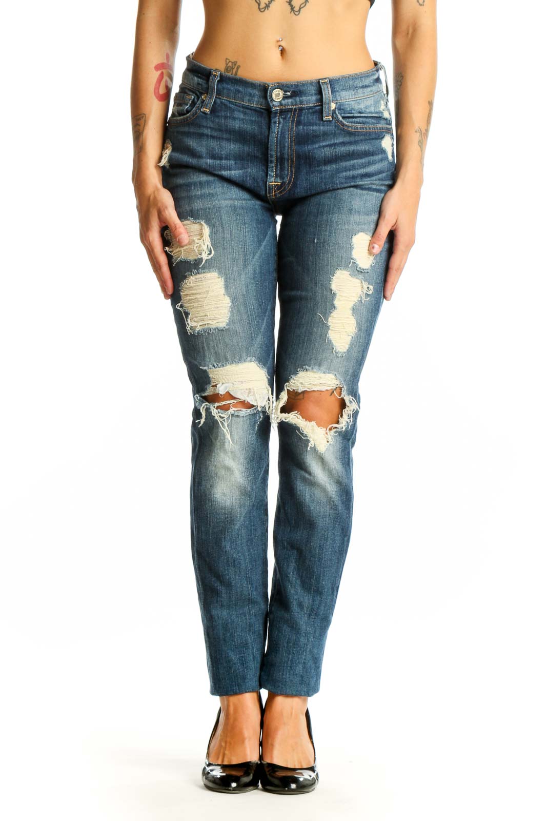 Blue Distressed Ripped Straight Leg Jeans Front