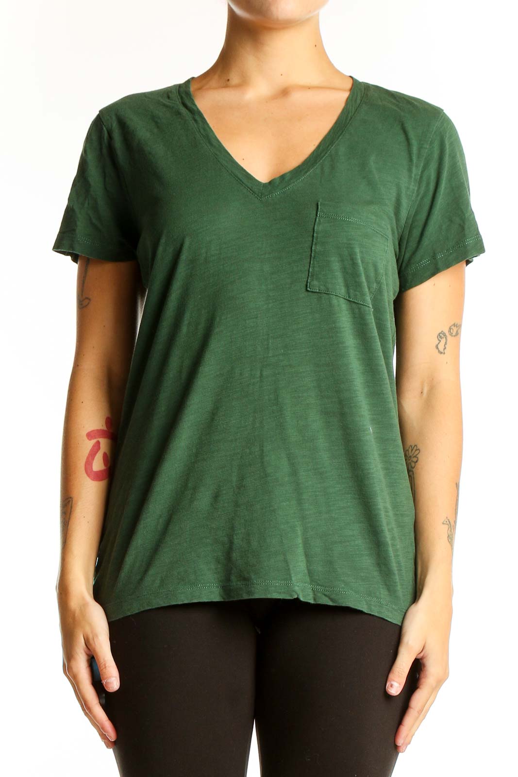 Green Cotton V-Neck Pocket Tee Front