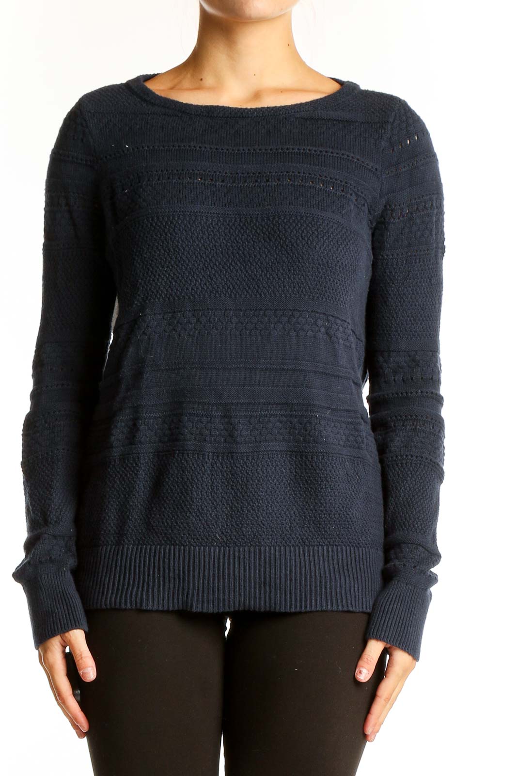 Navy Textured Cotton Knit Sweater Front
