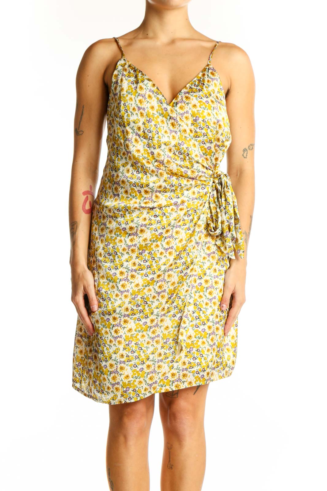 Yellow Floral Wrap Mini Dress Front