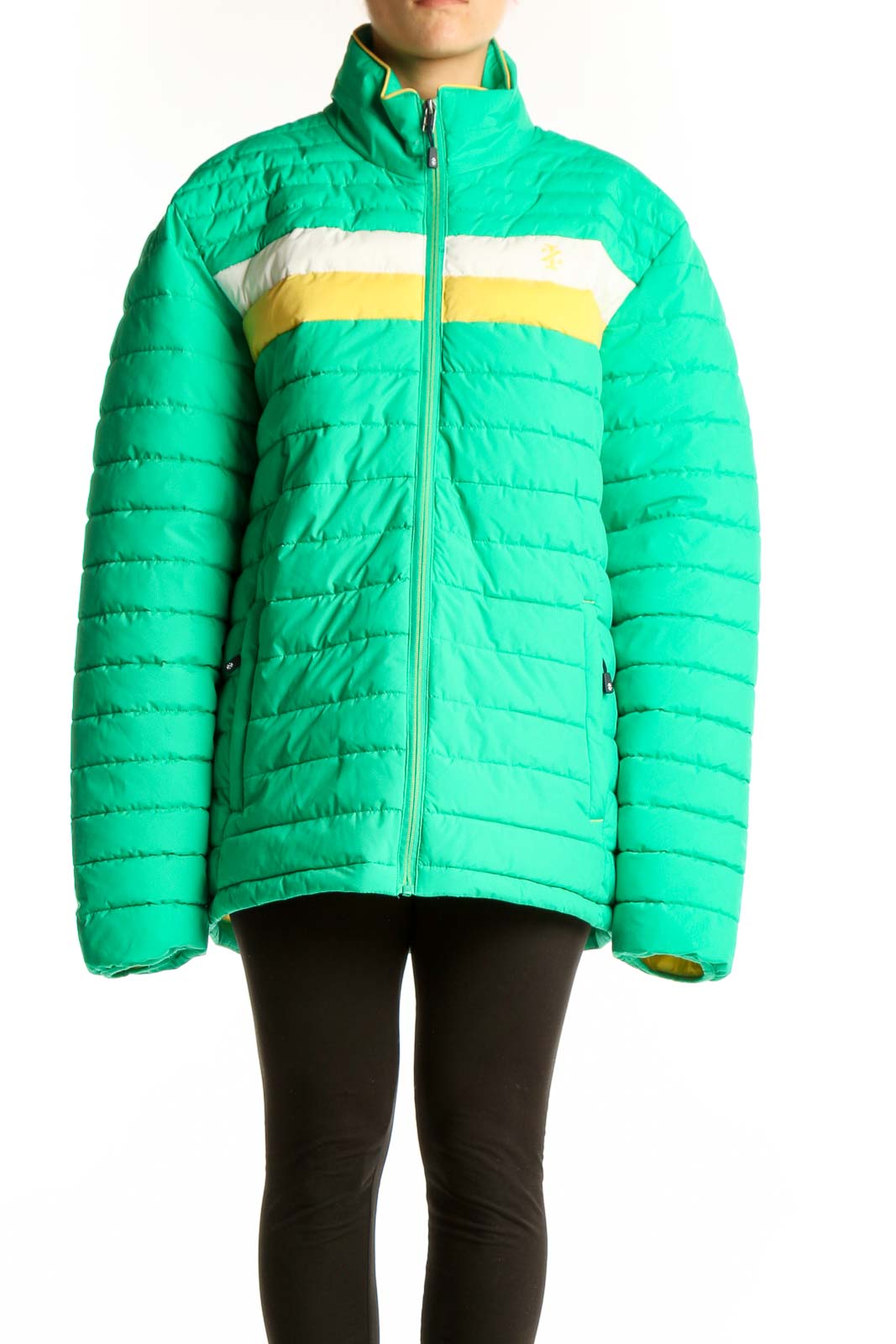 Green Striped Puffer Jacket Front