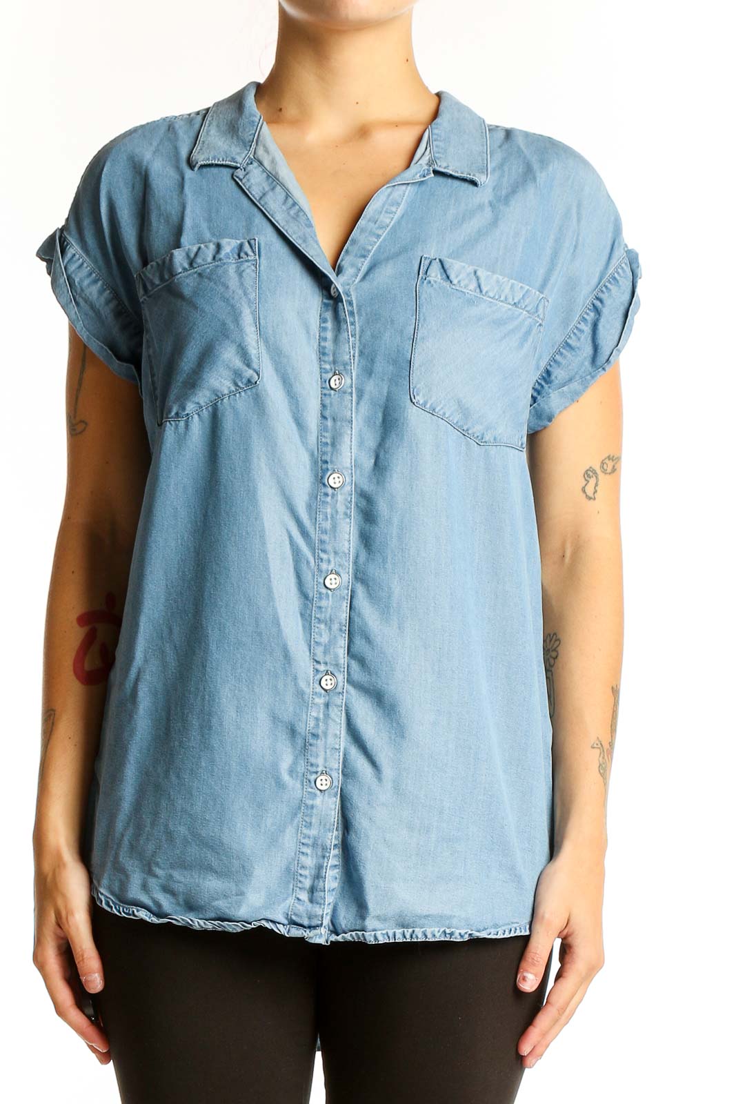 Light Blue Tencel Button-Up Short Sleeve Top Front