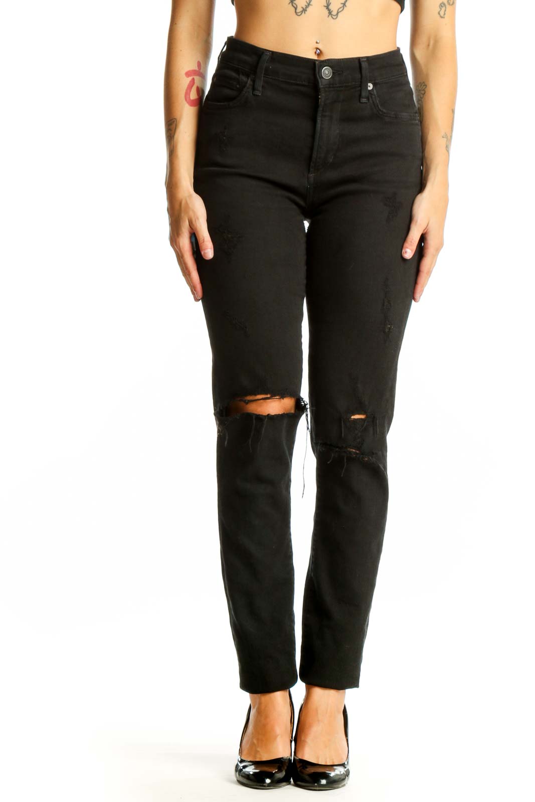 Black Distressed High-Waist Skinny Jeans Front