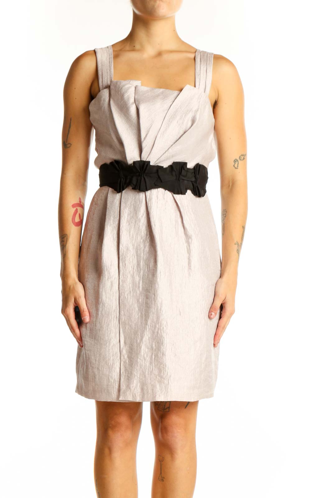 Beige Sleeveless Cocktail Dress with Black Belt Front
