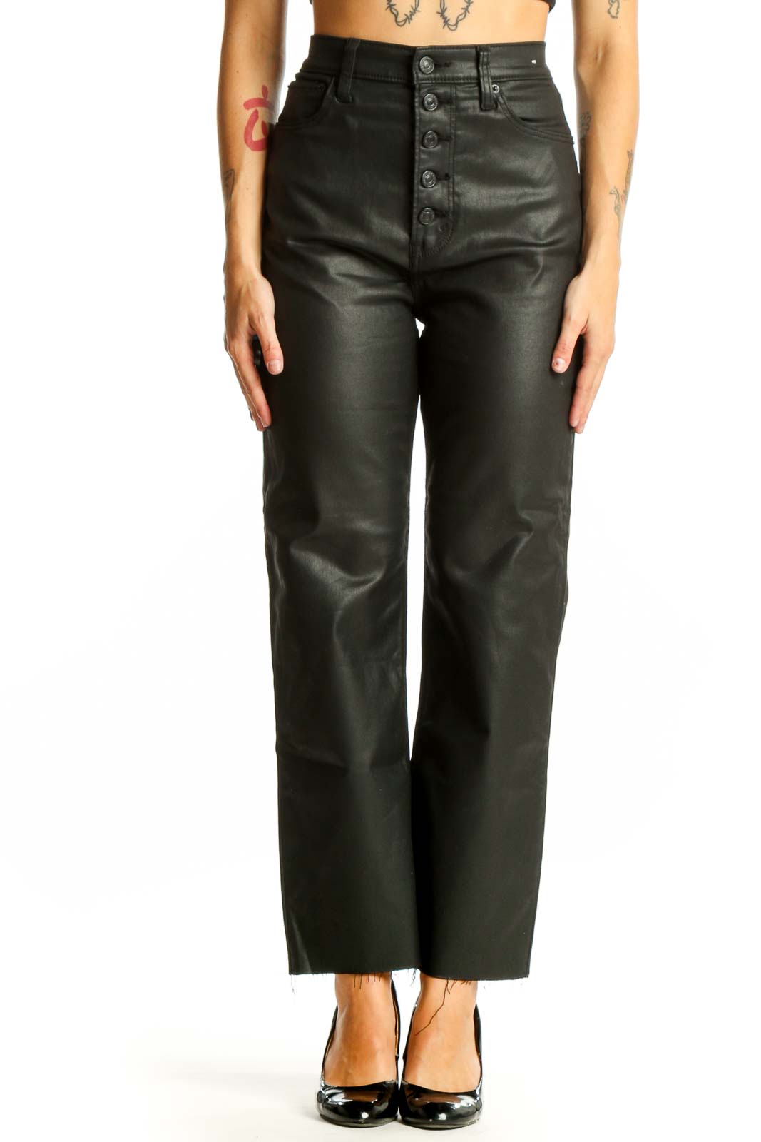Black Faux Leather High-Waisted Button-Front Pants Front