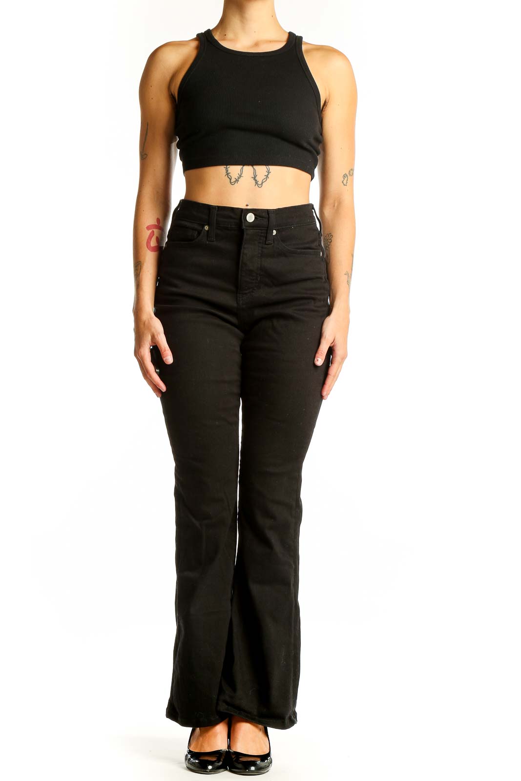 Black High-Waisted Flared Denim Jeans Front