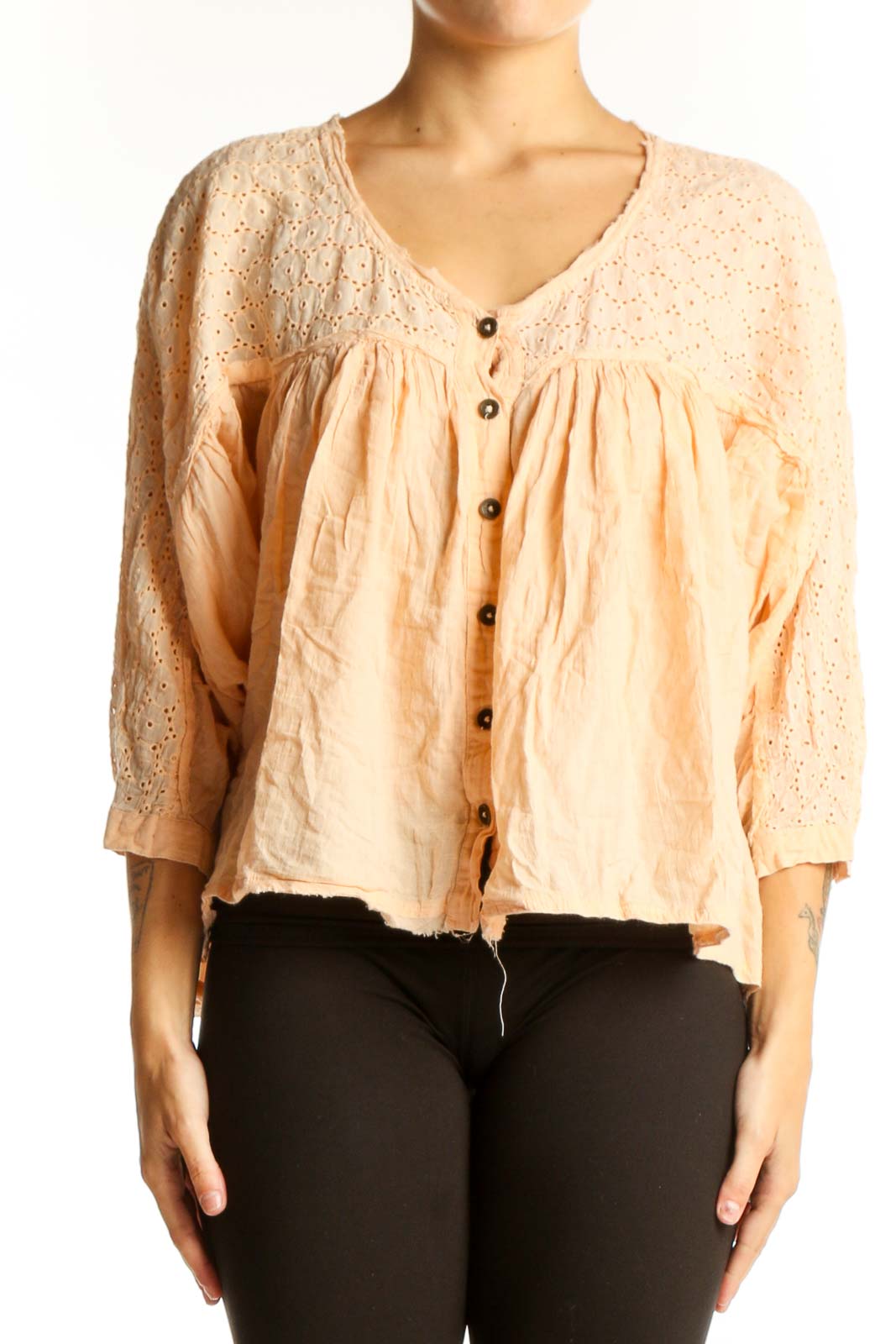 Peach Eyelet Lace Button-Up Blouse Front
