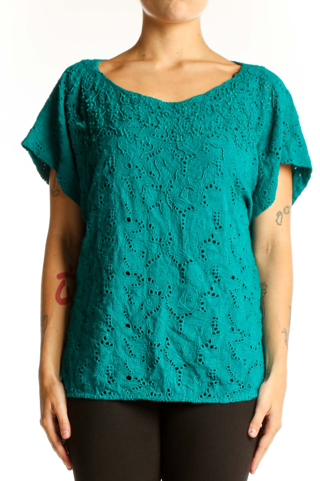 Teal Eyelet Lace Short Sleeve Top Front
