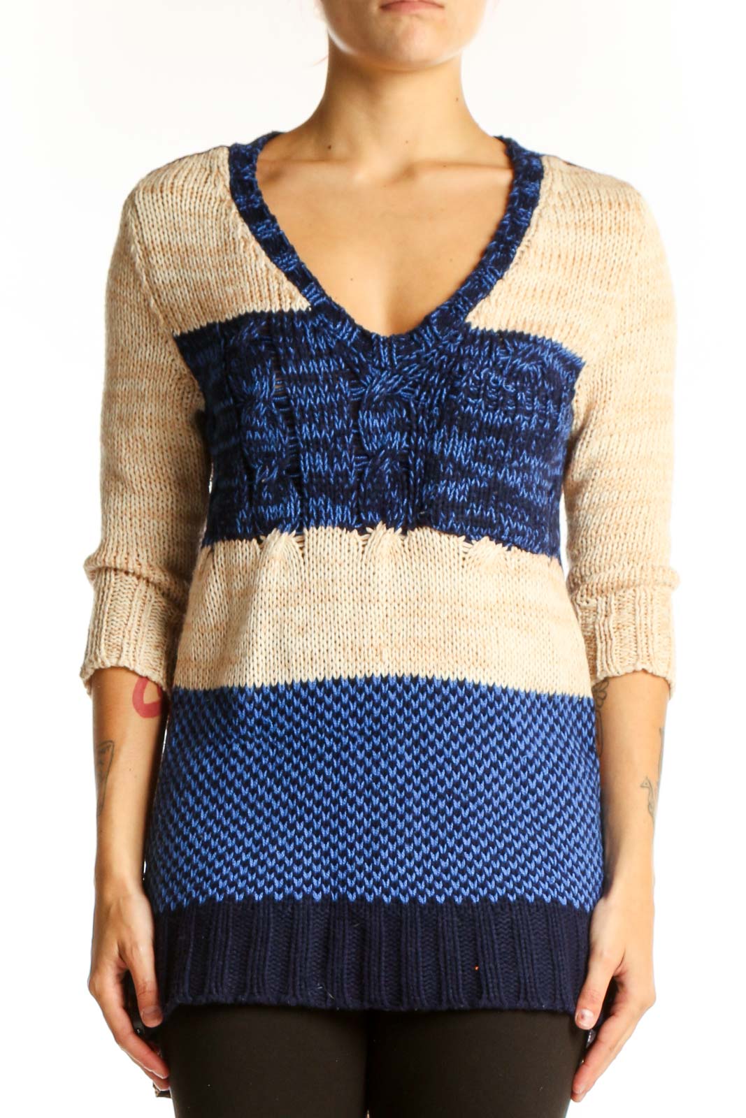 Blue and Beige Striped V-Neck Knit Sweater Front