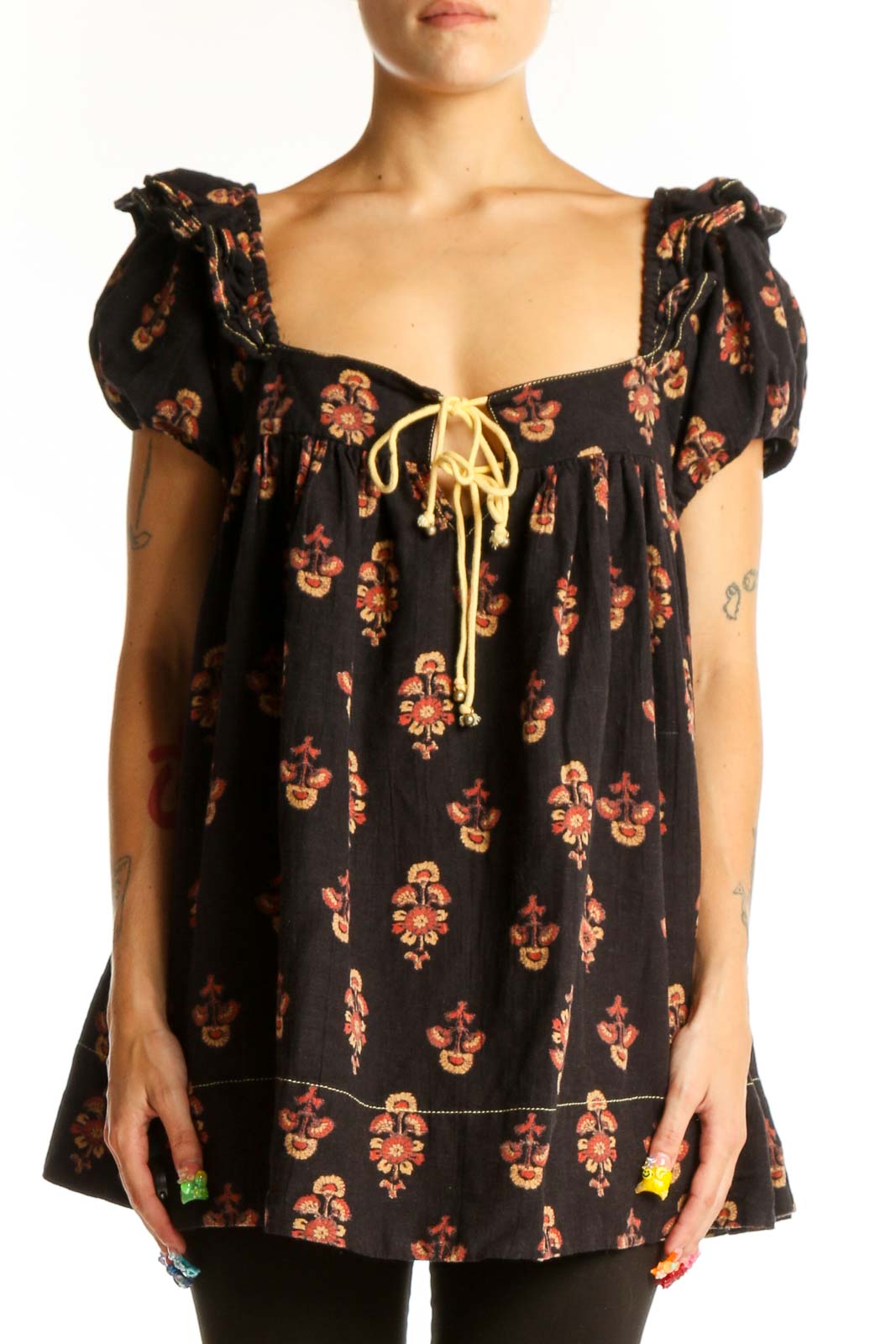 Black Floral Puff Sleeve Babydoll Top Front