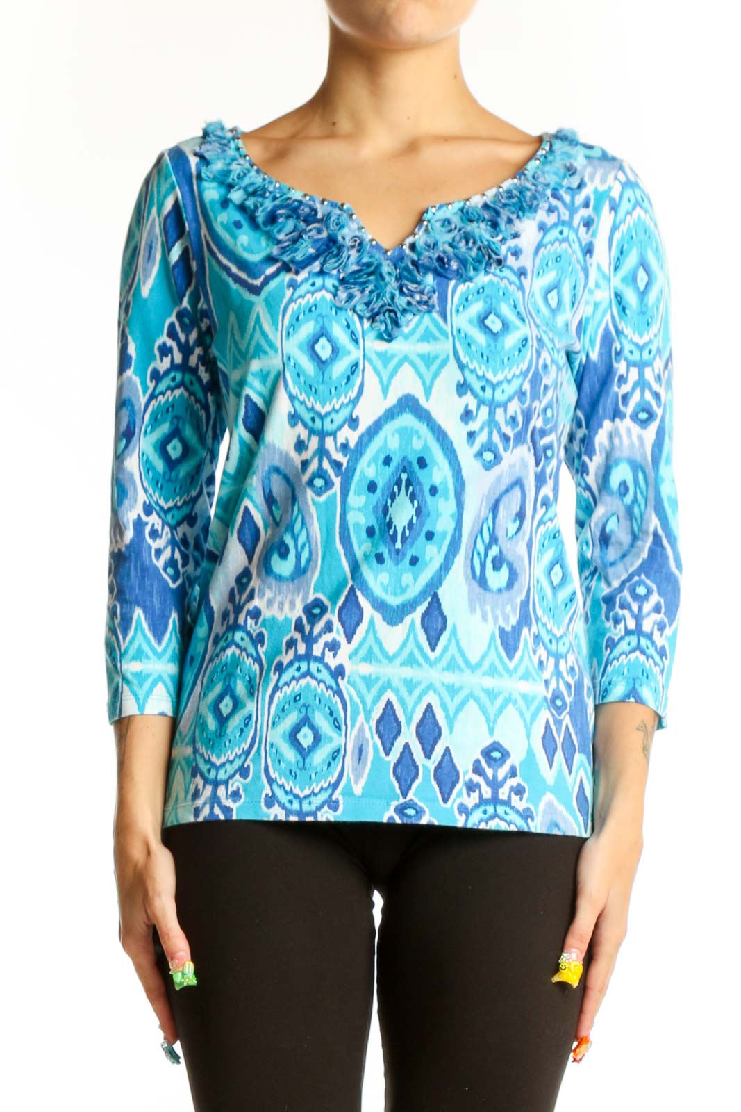Blue Geometric Print Cotton Top Front