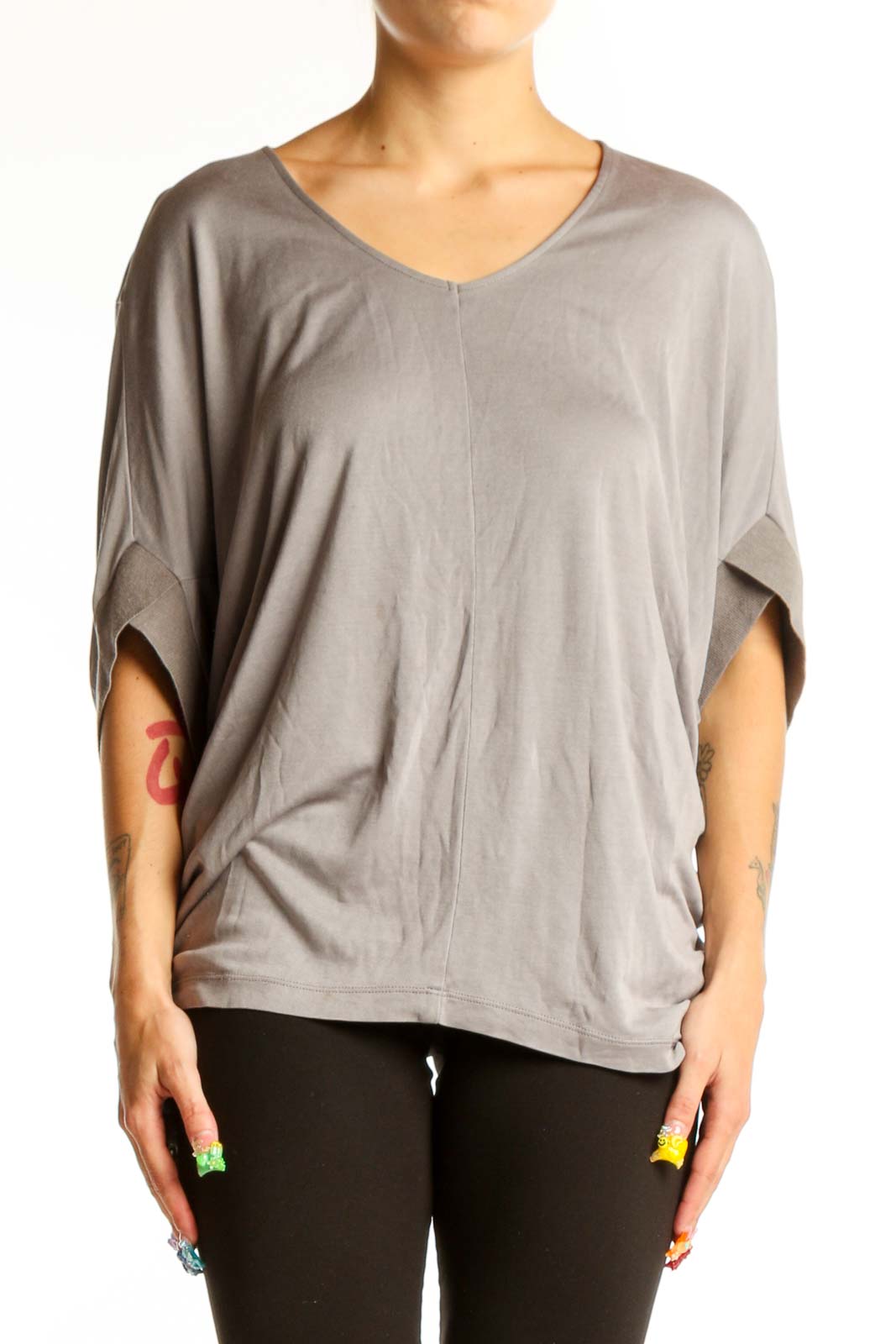 Gray Oversized V-Neck Knit Top Front