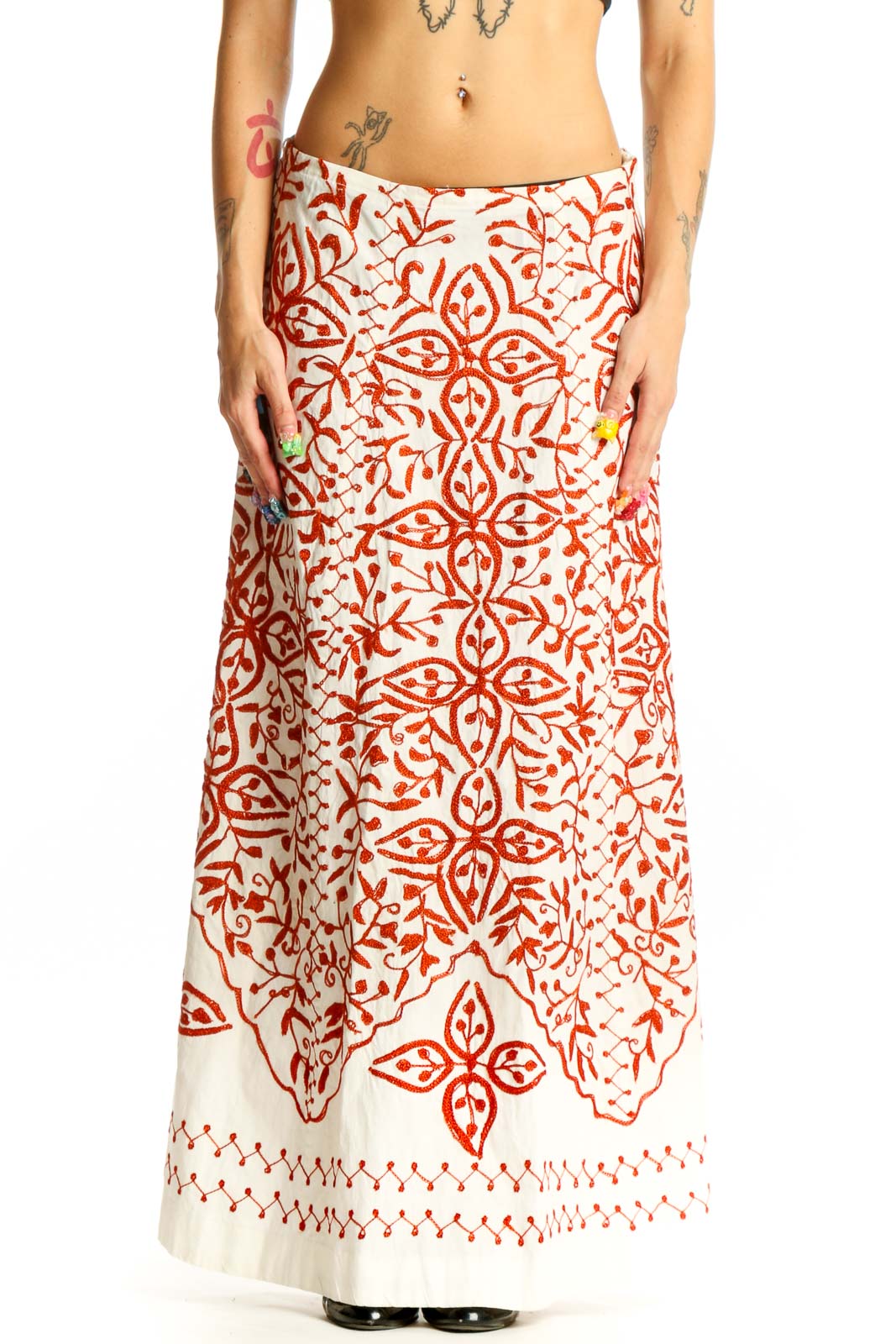 White and Red Floral Maxi Skirt Front