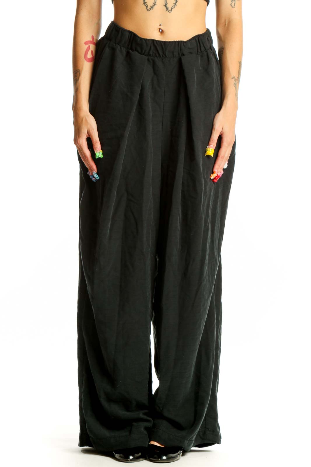 Black Wide-Leg Polyester Pants Front