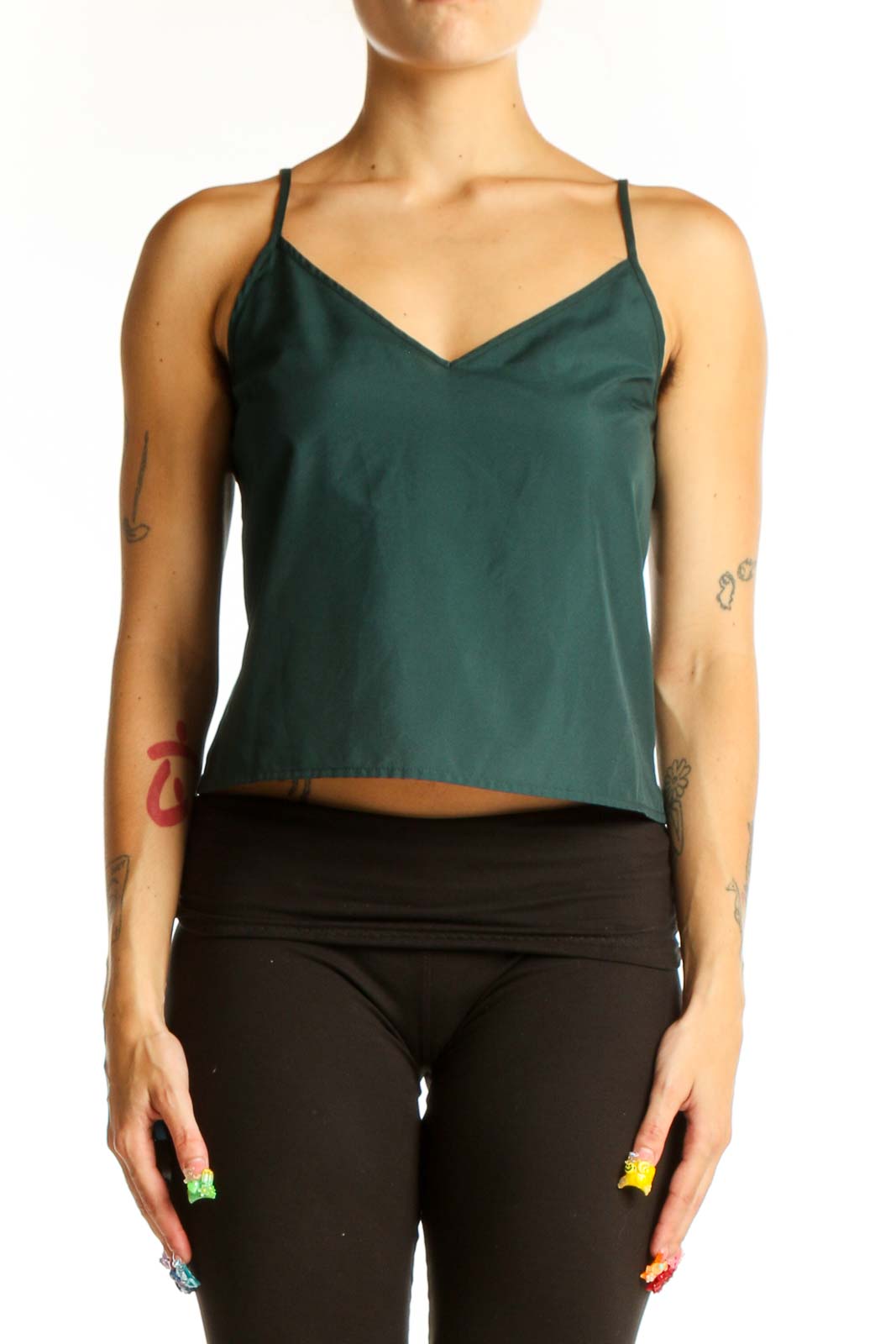 Green Polyester V-Neck Camisole Top Front