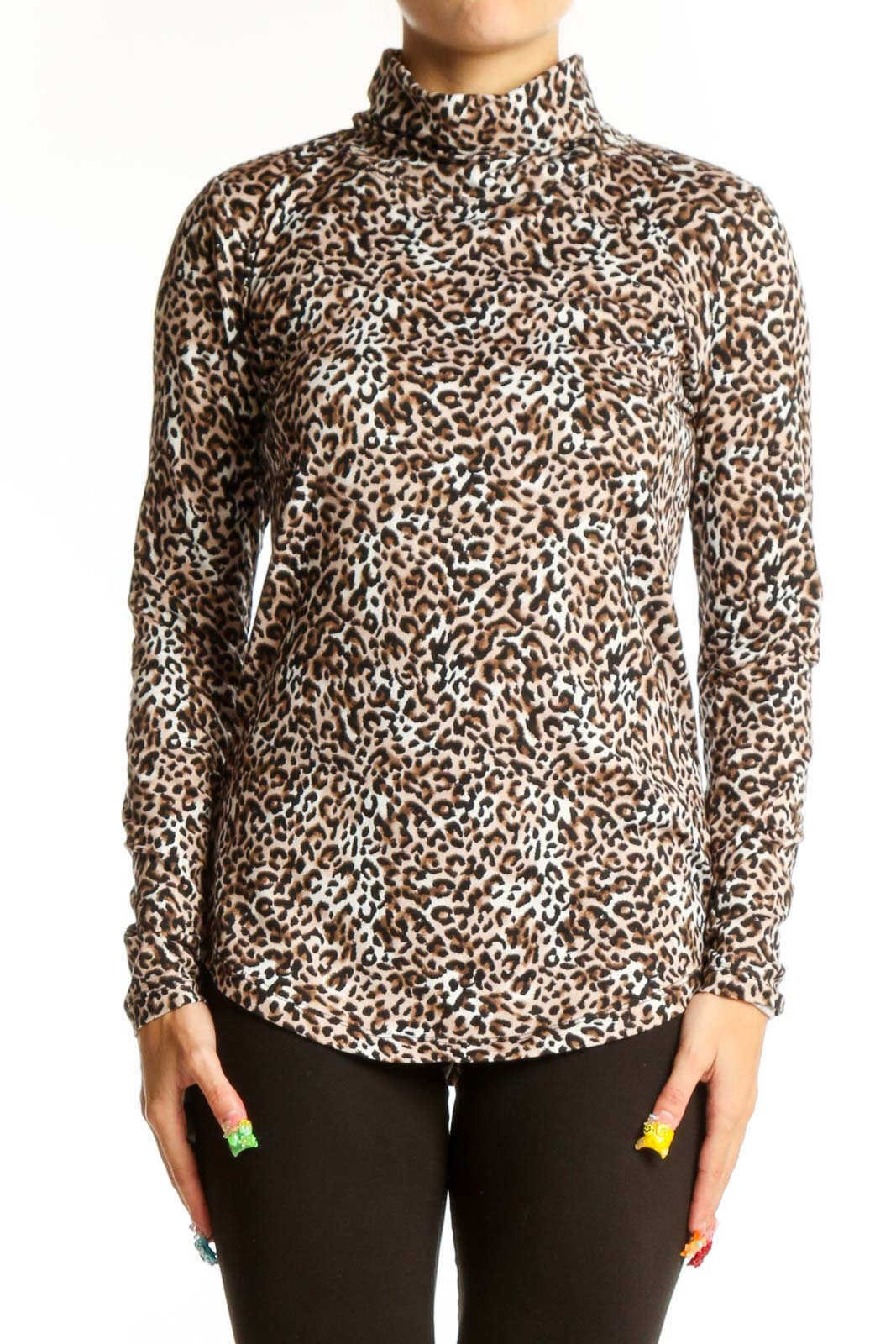 Brown Leopard Print Turtleneck Top Front