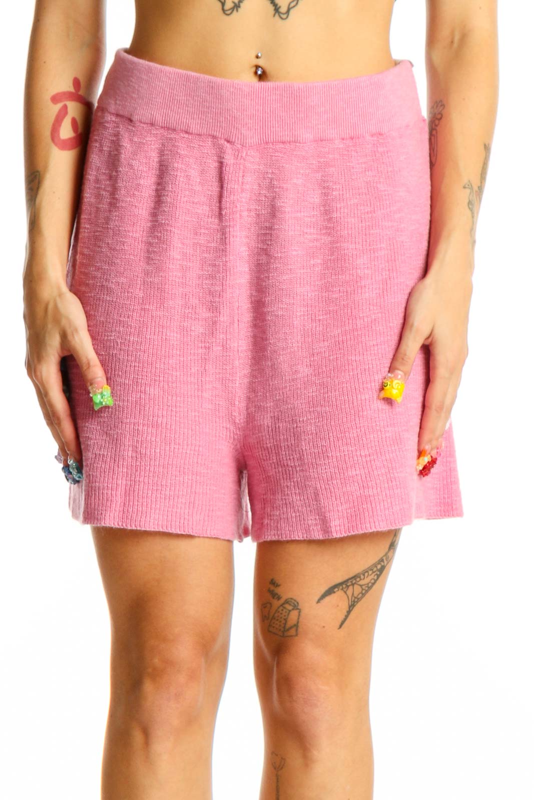 Pink Cotton Ribbed Casual Shorts Front
