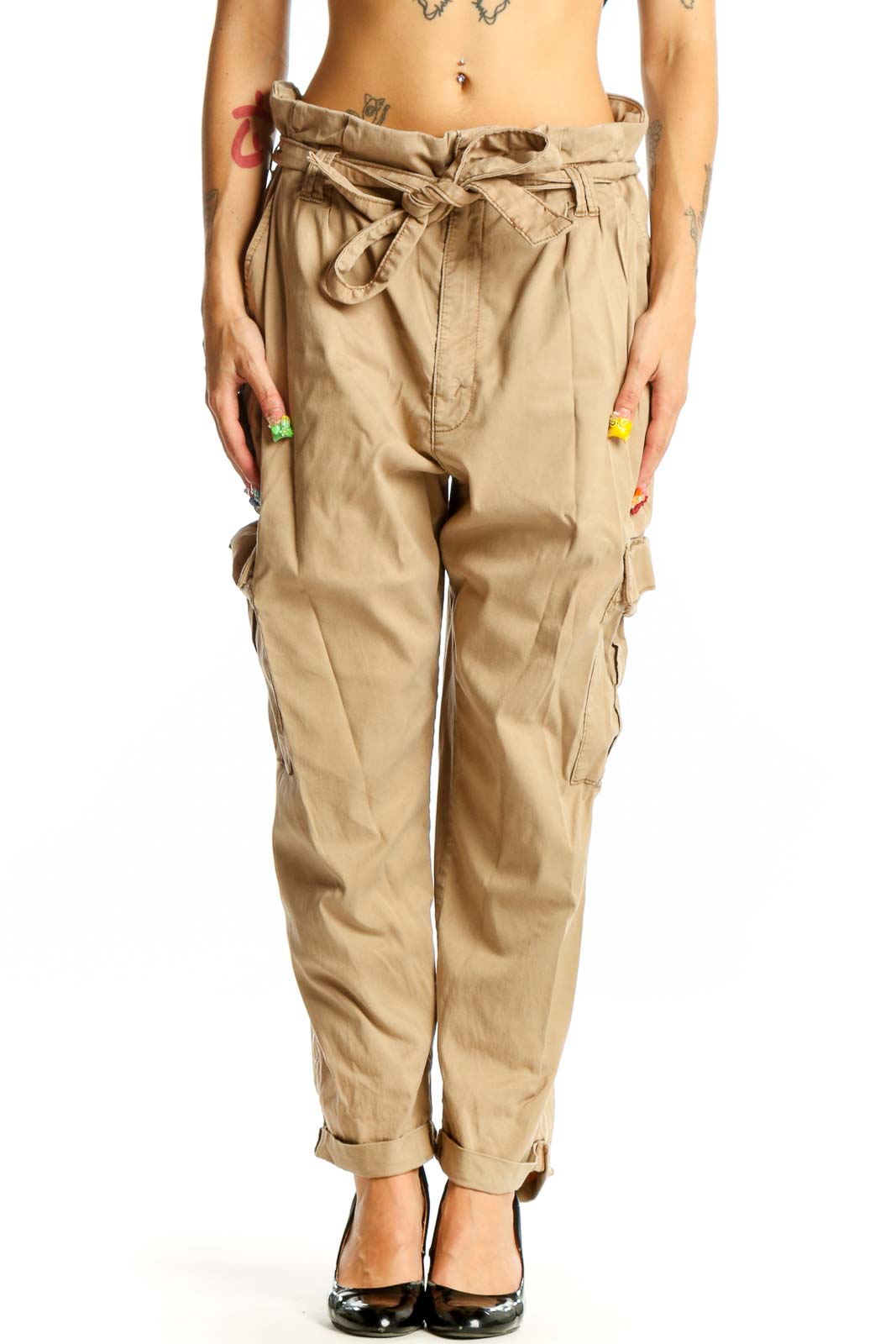Khaki Cotton Cargo Pants with Tie Waist Front
