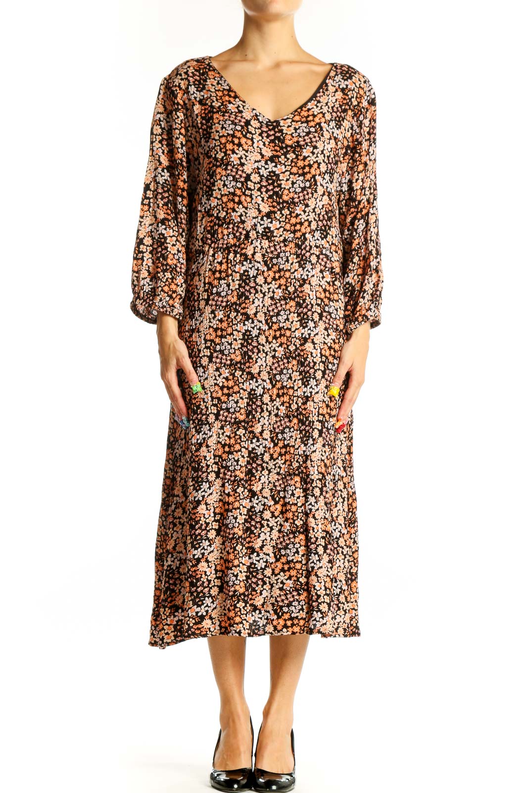 Brown Floral Midi Dress Front