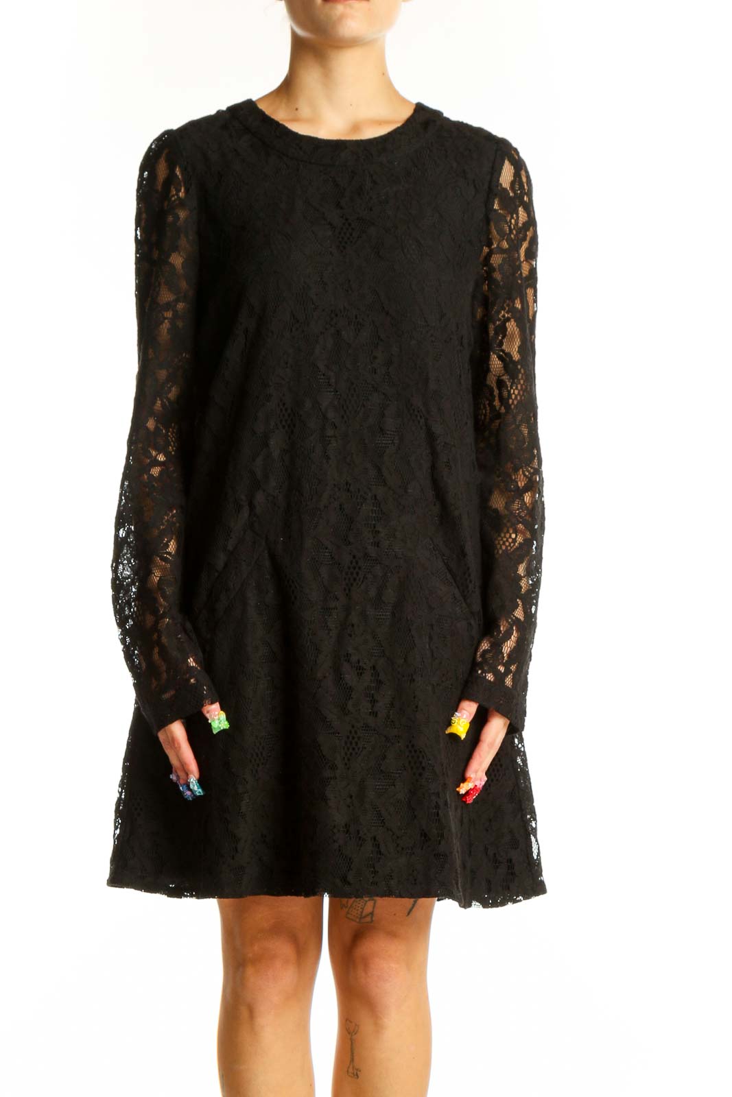Black Lace Long Sleeve Mini Dress Front