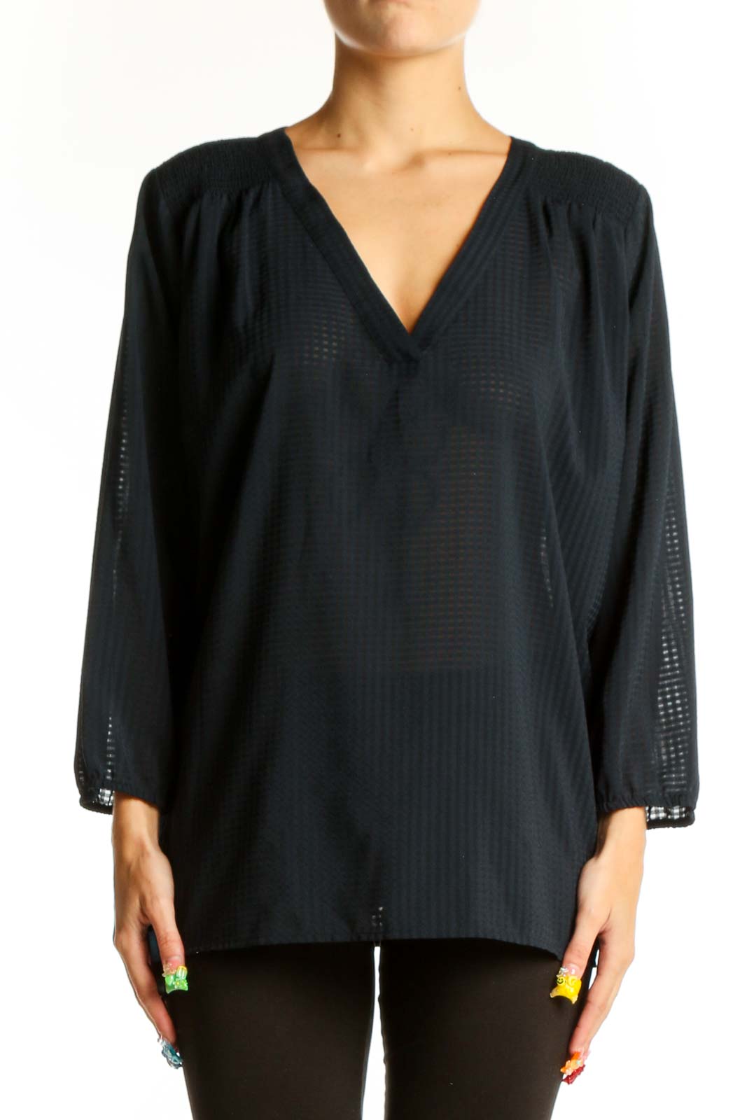 Black Sheer V-Neck Blouse Front