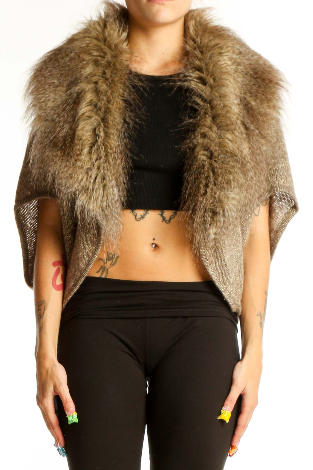 Brown Faux Fur Collar Cropped Jacket Front