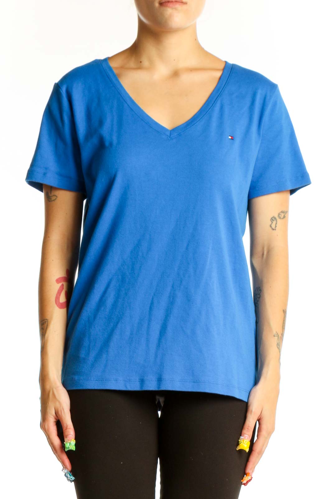 Blue Cotton V-Neck T-Shirt Front