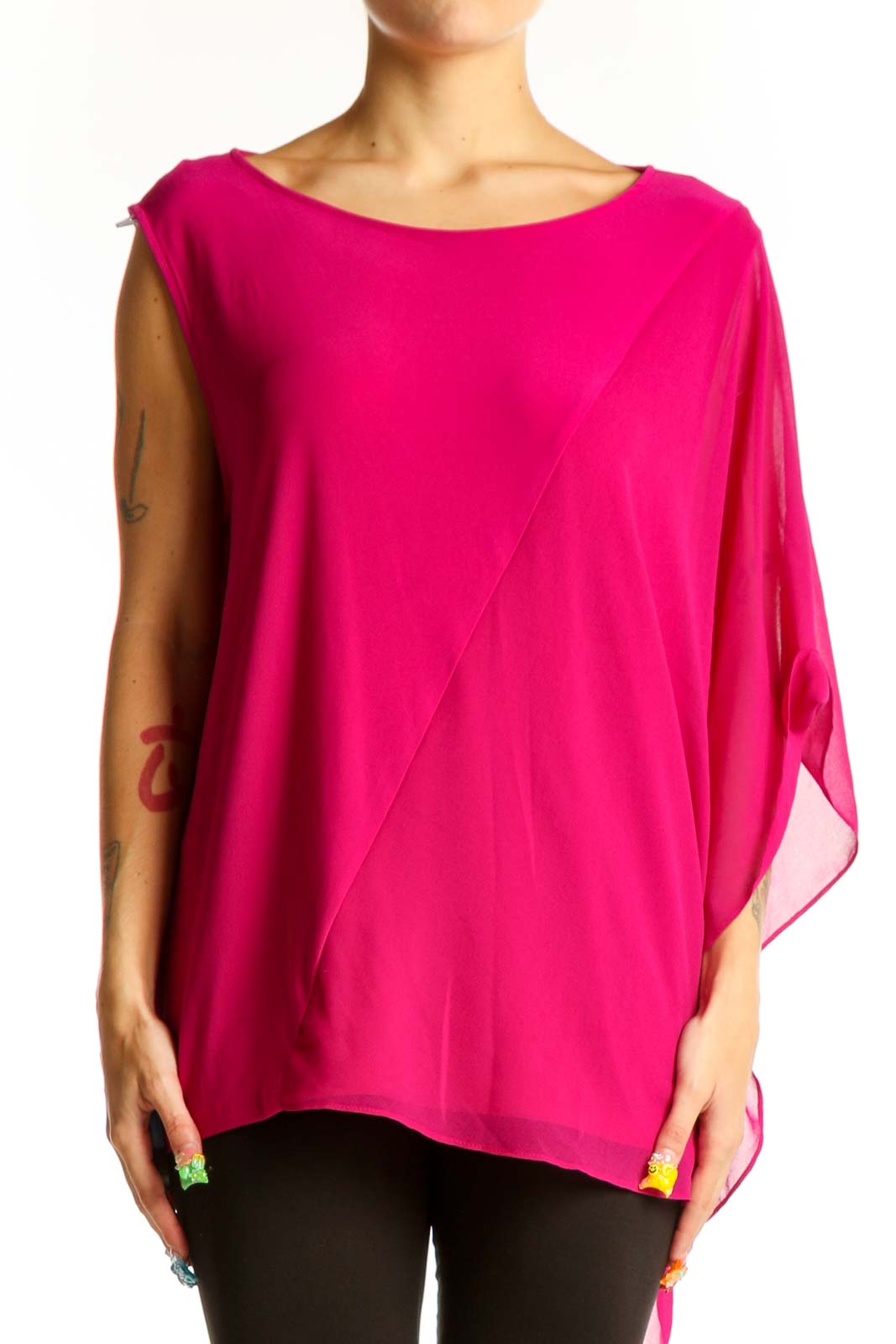Hot Pink Asymmetrical Polyester Blouse Front
