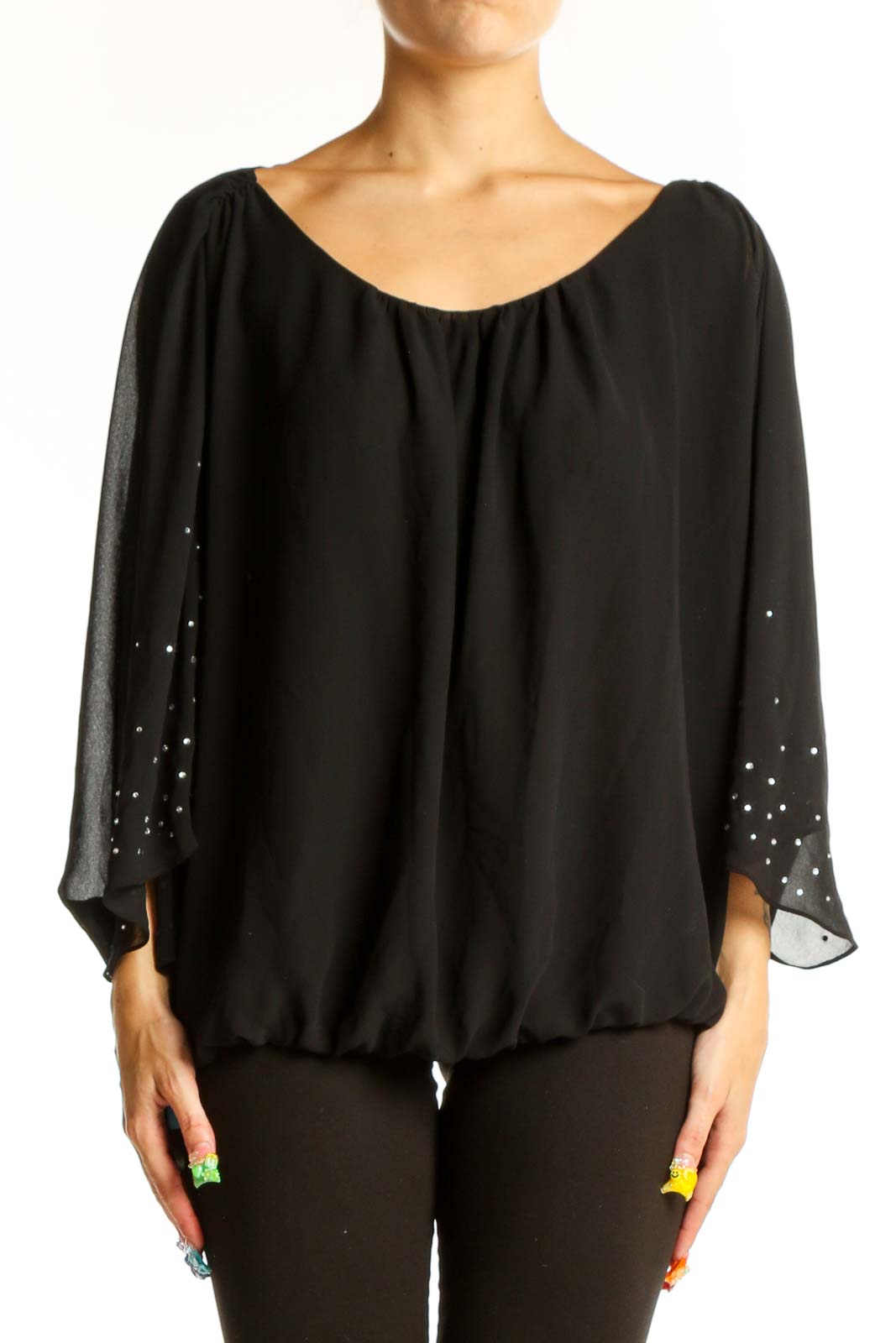 Black Embellished Batwing Sleeve Blouse Front