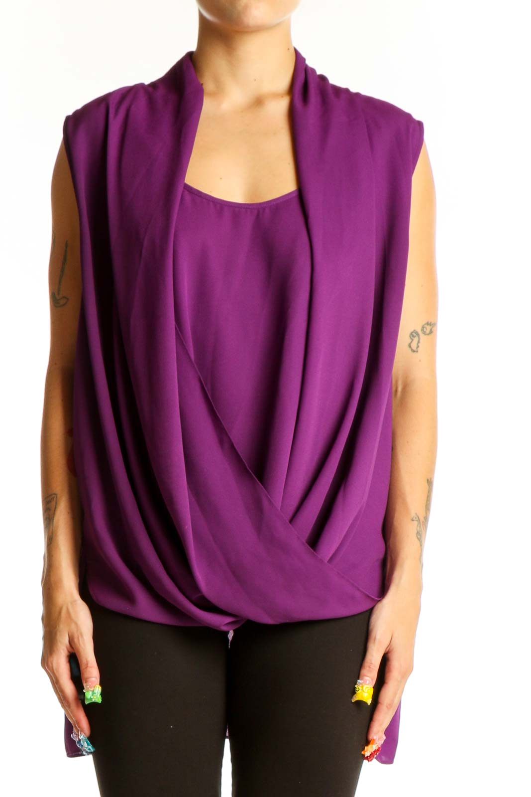 Purple Draped Sleeveless Blouse Front