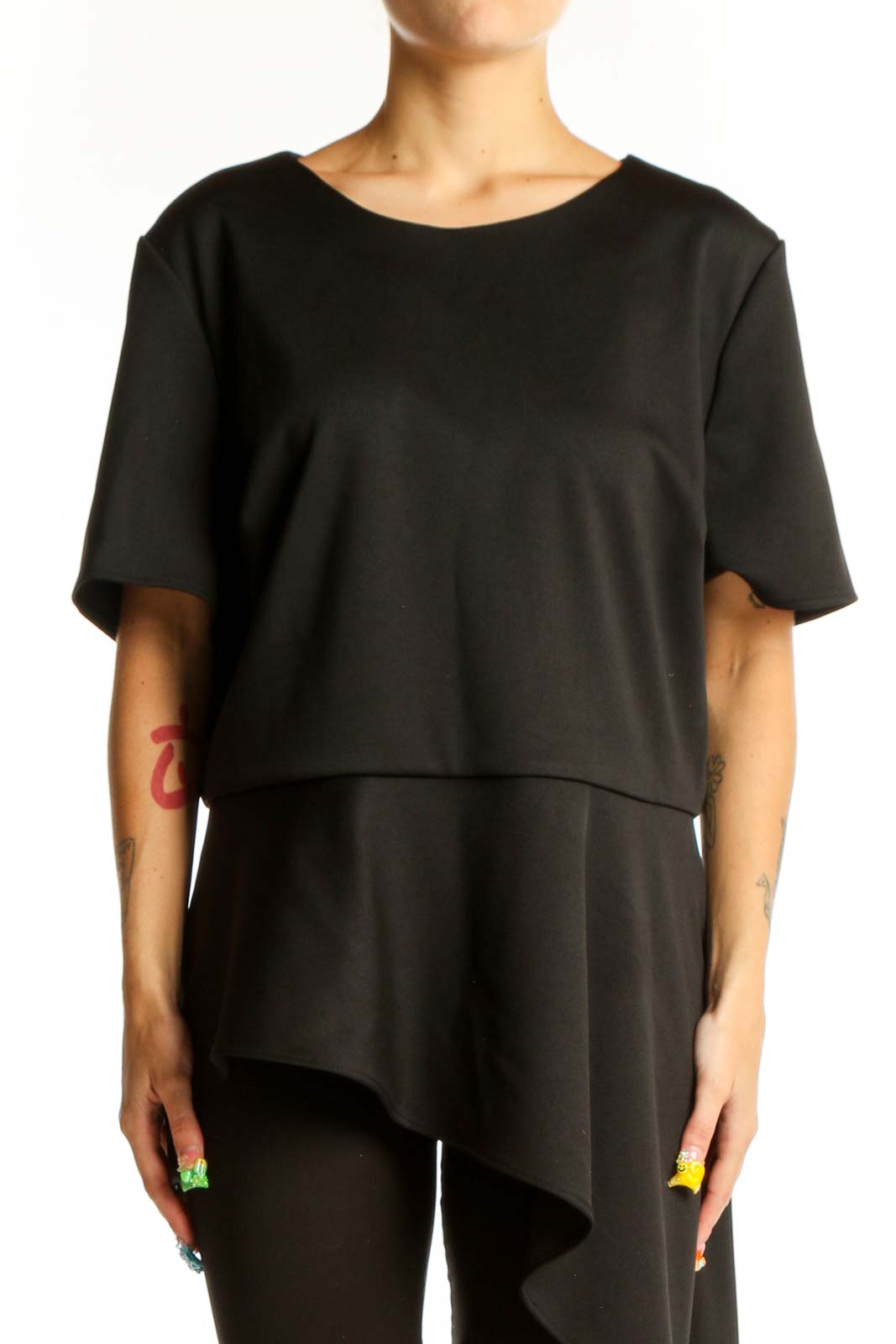 Black Asymmetric Layered Polyester Top Front