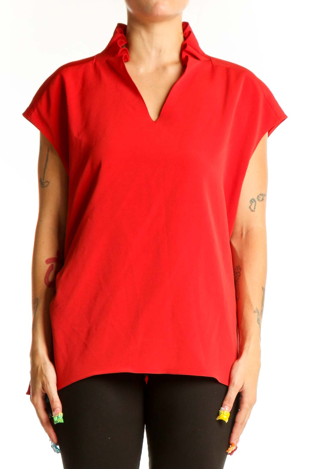 Red Polyester V-Neck Sleeveless Blouse Front