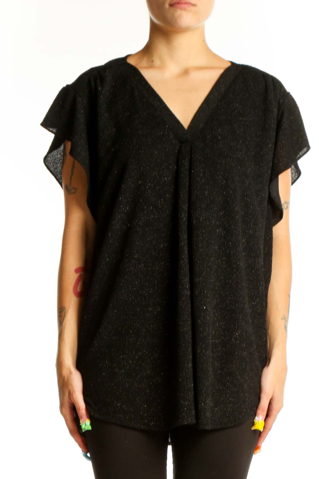 Black Sparkly V-Neck Flutter Sleeve Top Front