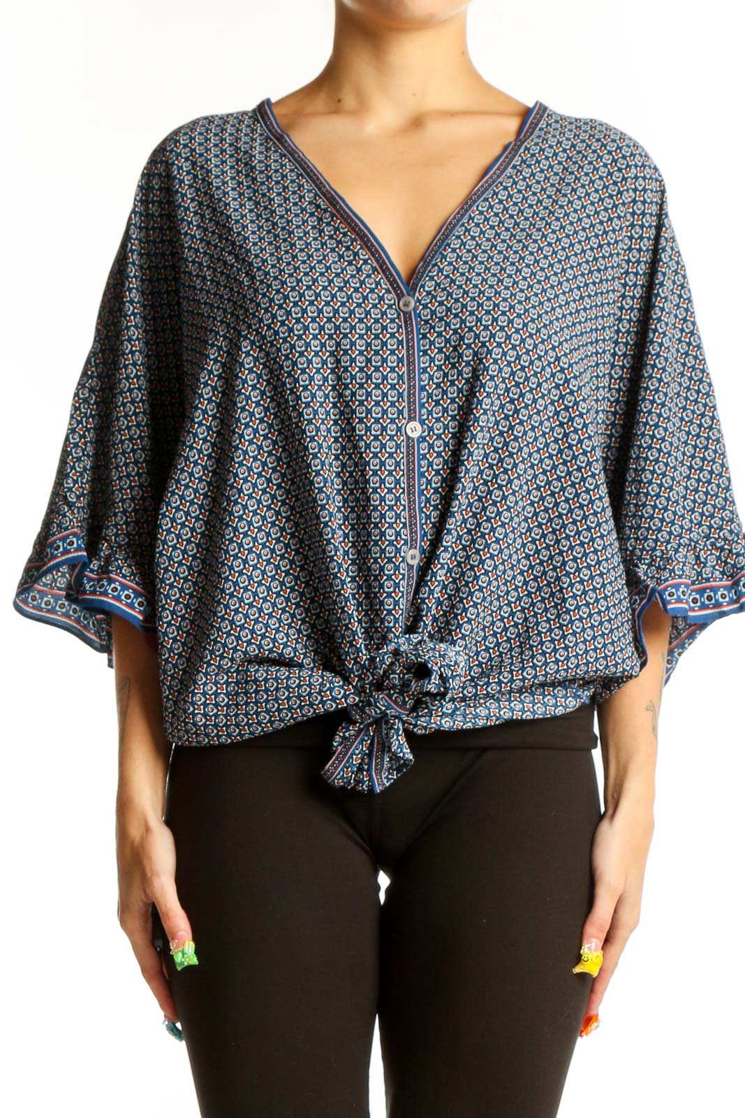 Blue Geometric Print Tie-Front Blouse Front